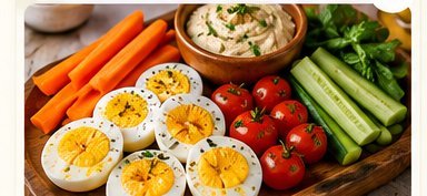Tábua de ovos cozidos e vegetais crus